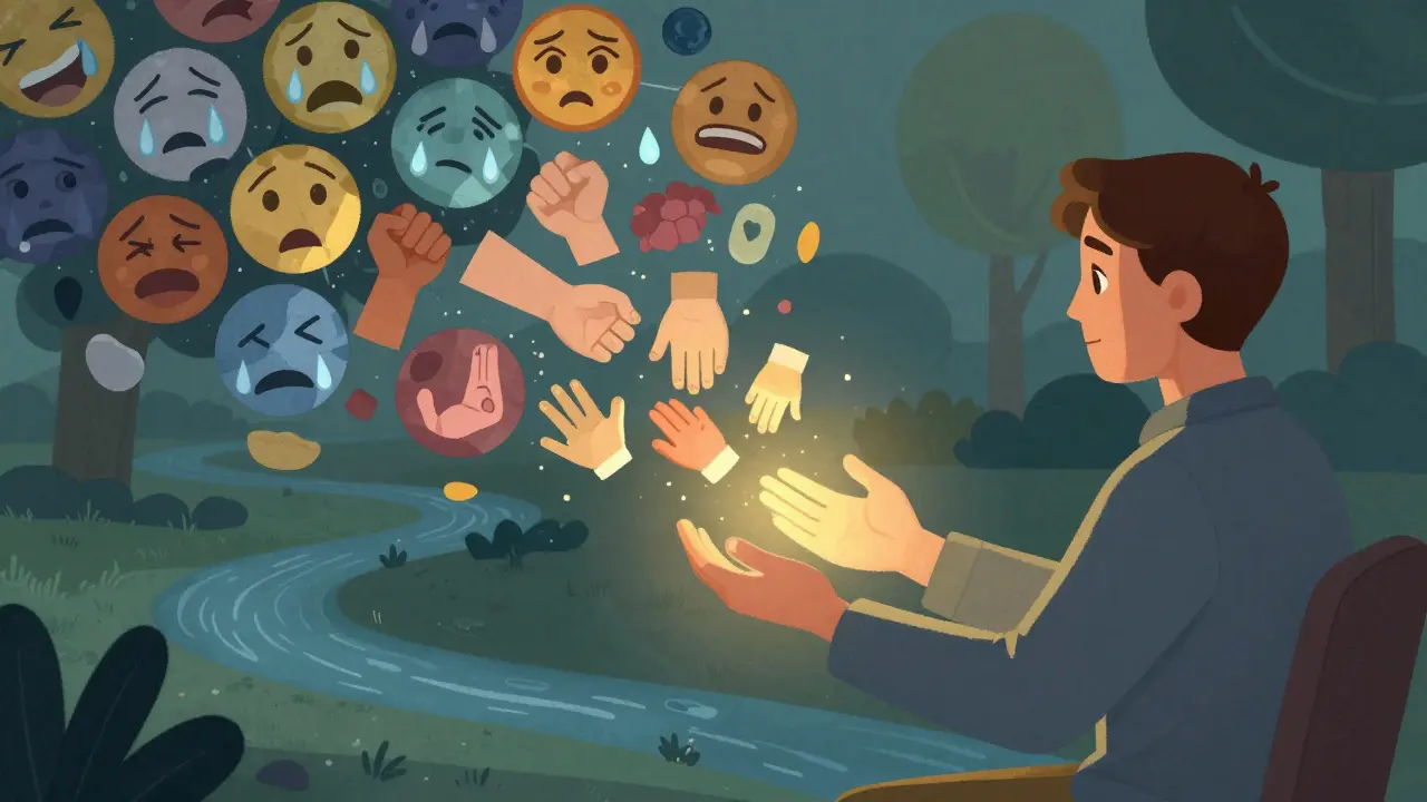 Terapeut přijímá plavající kousky emocí v otevřených rukou, zatímco kolem nich tečou abstraktní tvary.