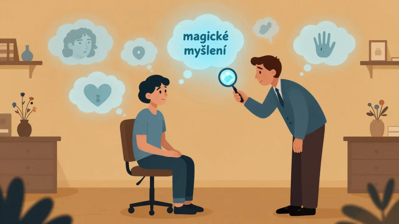 Terapeut s lupařem prozkoumává průhledné myšlenky pacienta v kanceláři.