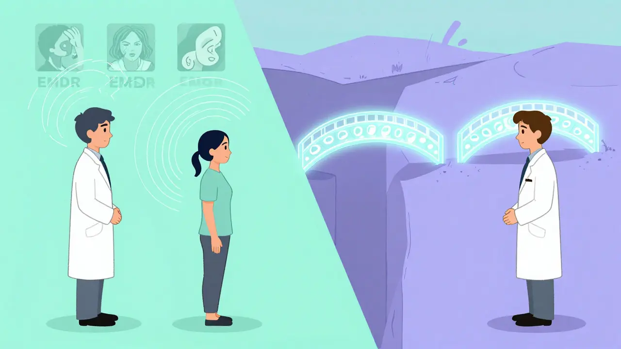 Terapeuté vedou pacienta dvěma cestami: jednou EMDR, druhou kognitivní terapií.