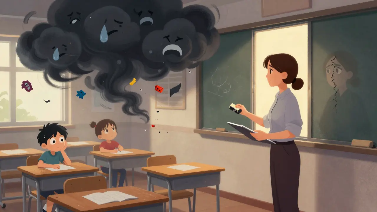 Učitelka stojí v třídě, kde z dětských lavic vyrůstají temné obrazy strachu a bolesti.