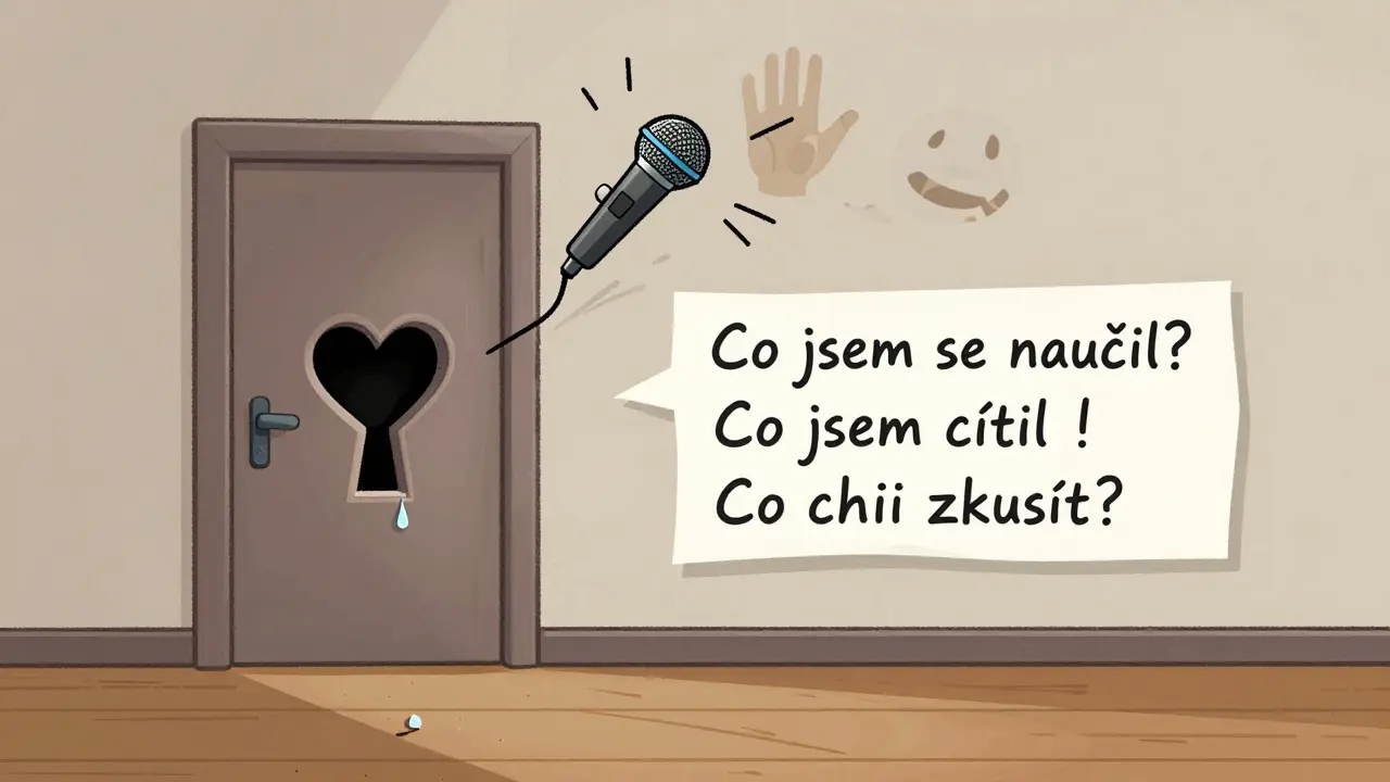 Zavřená dveře s klíčovou dírkou ve tvaru srdce, přes kterou padá slza, zatímco rozbitej mikrofon visí ve vzduchu.