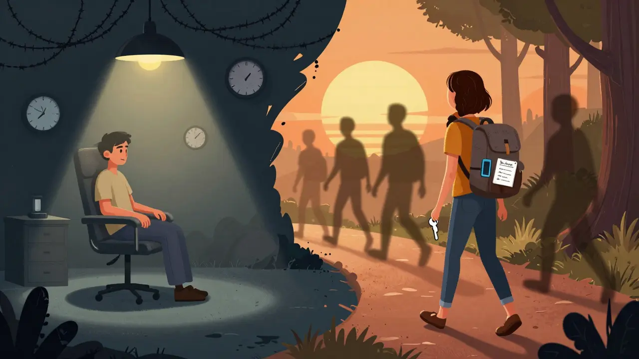 Žena opouští terapii a jde směrem k slunci, zatímco špatné vztahy zanikají za ní ve stínu.