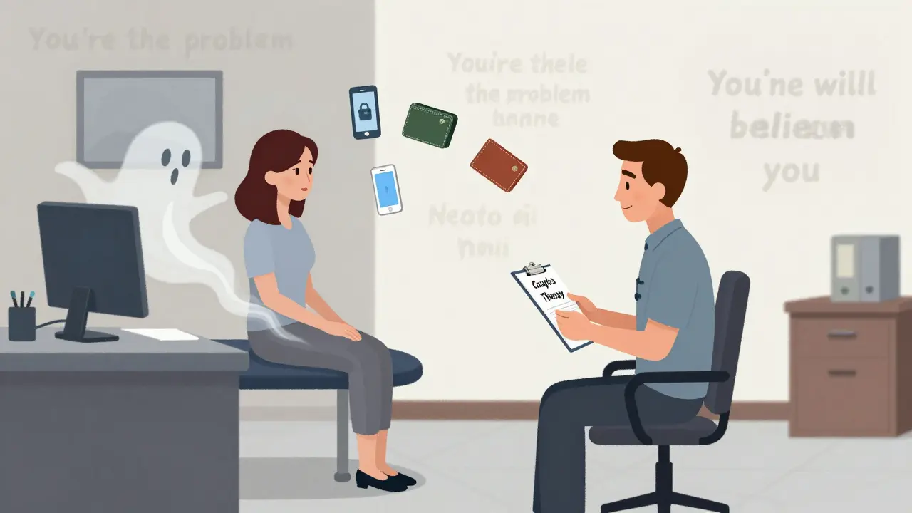 Žena se mění v kouř v terapeutické místnosti, zatímco kolem ní plavou sledované telefon a prázdné peněženky.