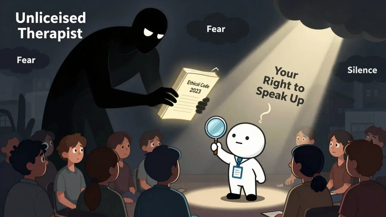 Certifikovaný terapeut s etickým kódexem bojuje proti nekvalifikovanému terapeutovi, osvětluje cestu k hlasu klienta.