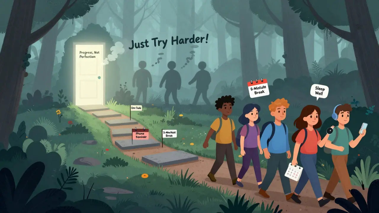 Cesta přes mlhu s kroky k pokroku, za níž stíny říkají 'Více se snaž!'