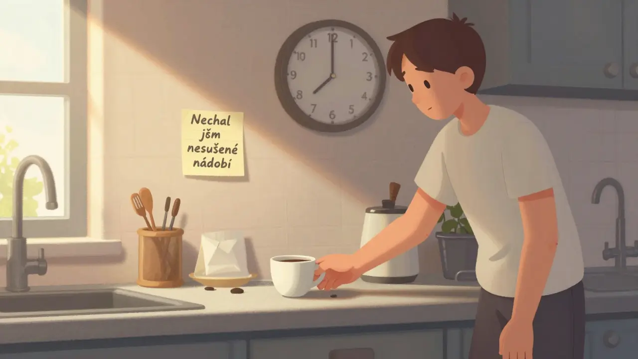 Člověk klade zkřivěnou šálku na kuchyňský stole, kolem něj klidný chaos — přijetí nedokonalosti.