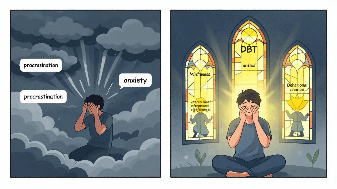 Člověk praktikující mindfulness s čtyřmi pilíři DBT jako světelnými okny, symbolizující emocionální stabilitu.