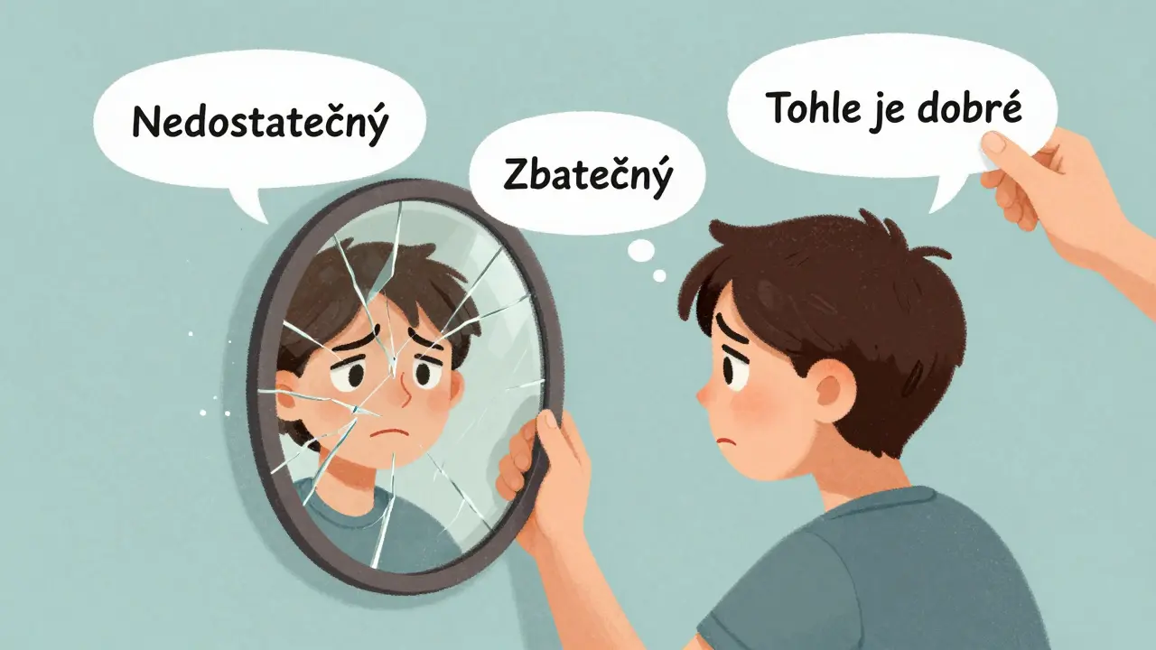 Člověk s negativními myšlenkami v bublinách, které jsou nahrazovány podporujícím výrokem 'Tohle je dobré'.