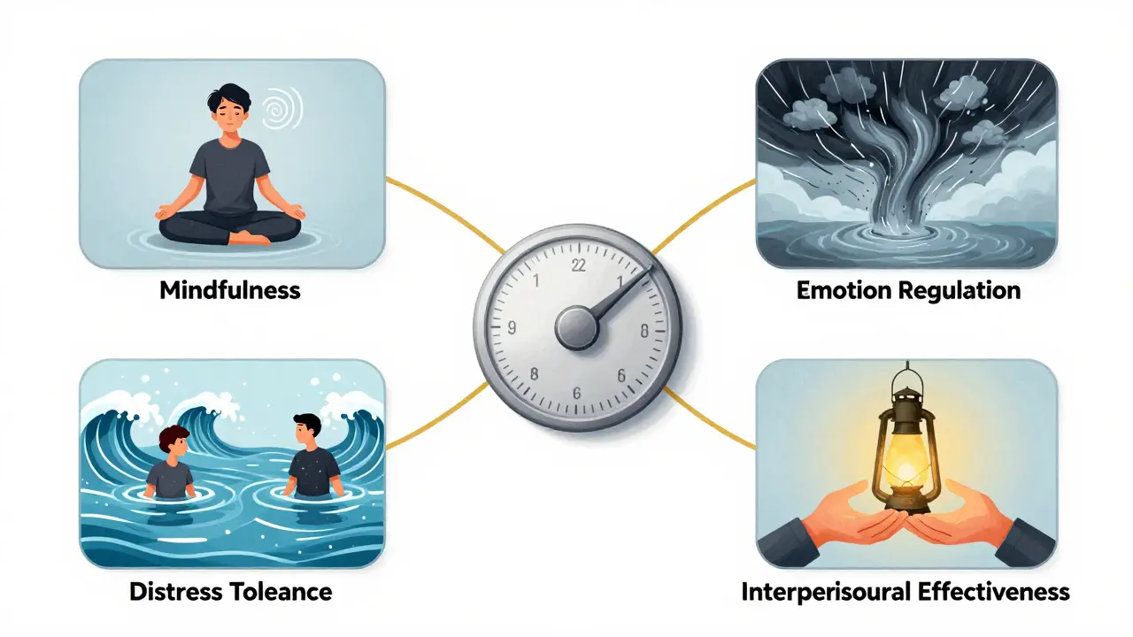 Čtyři pilíře DBT jako vize kolem člověka: mindfulness, tolerance, regulace a vztahy spojené zlatou nití.