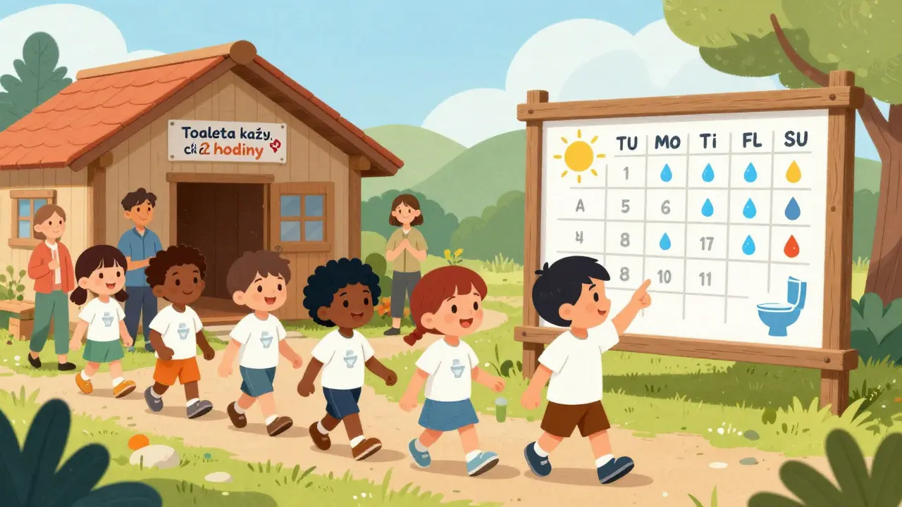 Děti ve letním táboře jdou společně na toaletu pod vedením terapeuta.