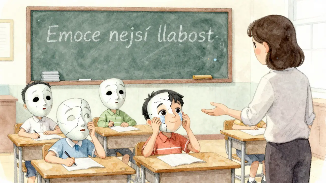 Dítě odstraňuje prázdnou masku ve třídě, zatímco učitelka mu protahuje ruku.