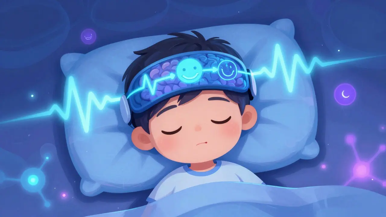Dítě s EEG hlavičkou a vlnami mozku pro spánek.