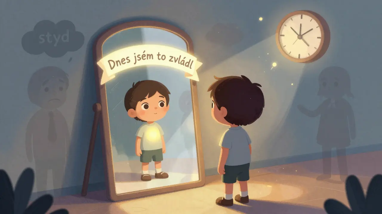 Dítě se dívá do zrcadla, kde se rozplynou strachy a zůstane jen sebevědomí.