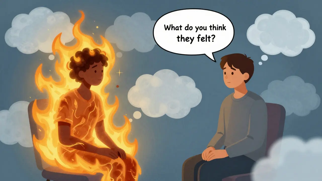 Dva lidé v terapii — jeden v chaotickém stavu, druhý klidně se ptá, co cítil druhý.