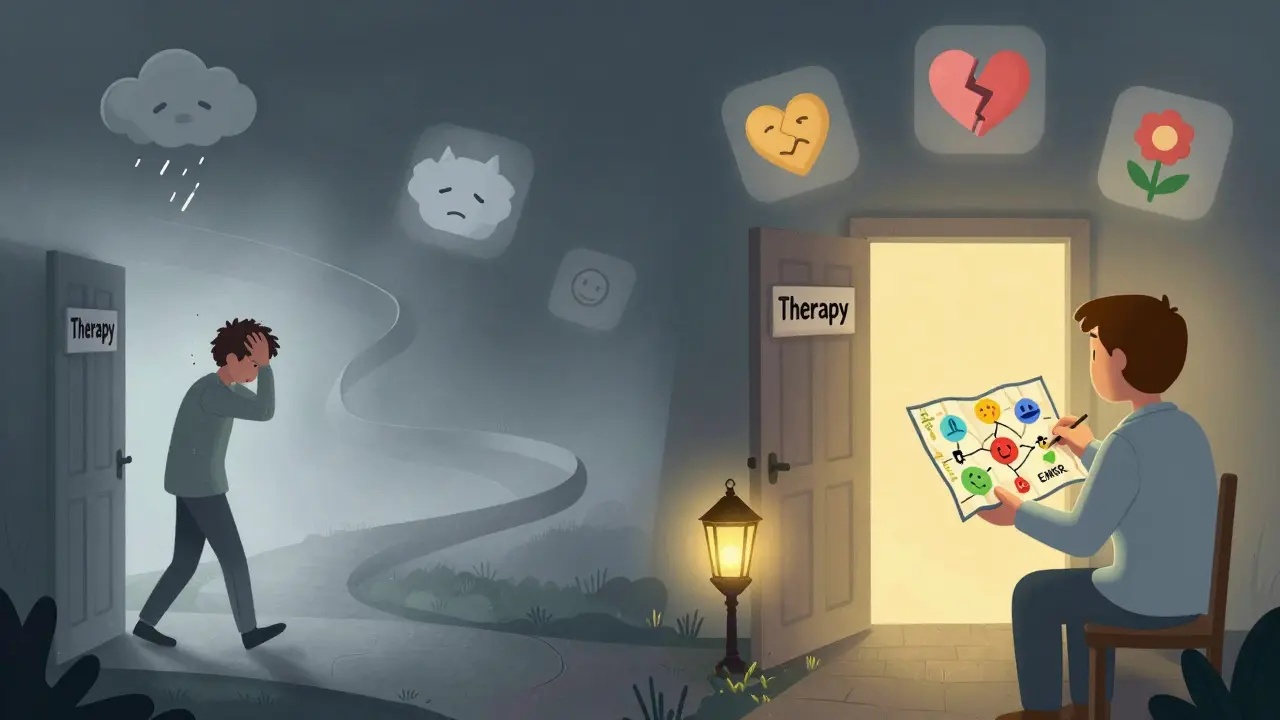 Dvě cesty z terapie: jedna zmatená a mlhavá, druhá jasná s nástroji pro různé přístupy k léčbě.