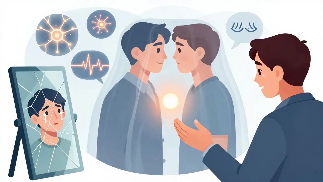 Dvě postavy se překrývají na srdci, kolem nich blikají neuronové spojení a tělesné signály empatie.