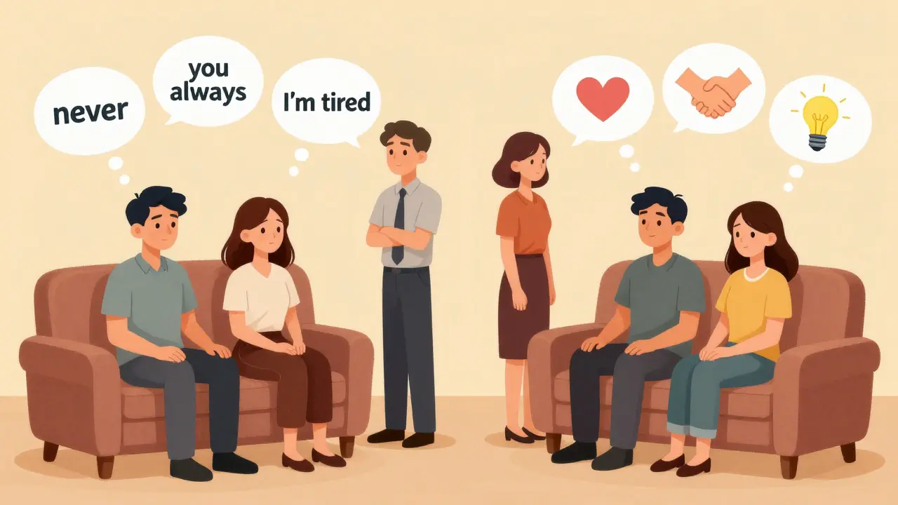 Dvojice v rozdělené místnosti: napjatá na jedné straně, klidná na druhé, s dvěma terapeuty pozorujícími.