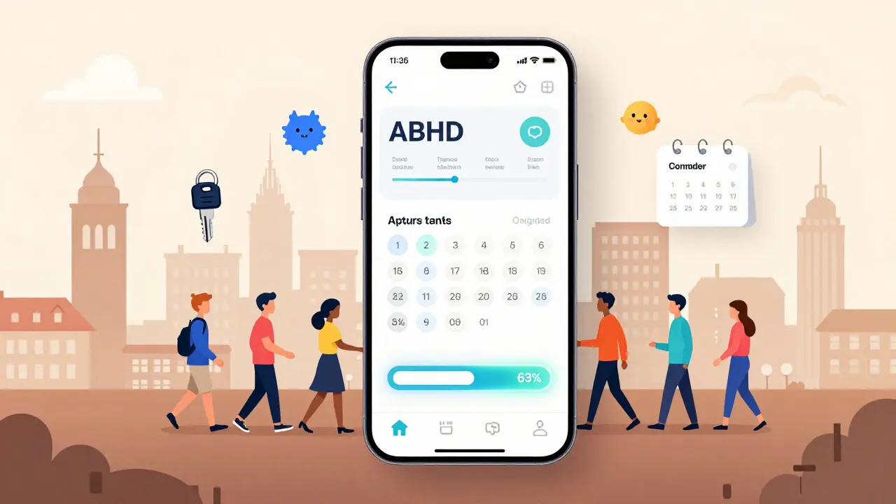 Futuristická aplikace s AI pomocníky vedoucí lidé v českém městě, ukazující zlepšení přídržnosti terapie.