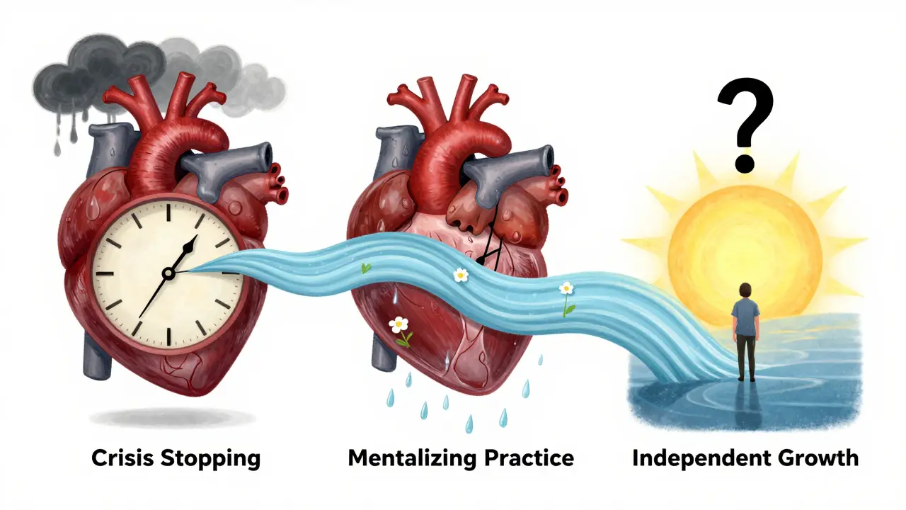 Hodiny tající do srdce s třemi fázemi MBT terapie: zastavení krizí, mentalizace a nezávislost.