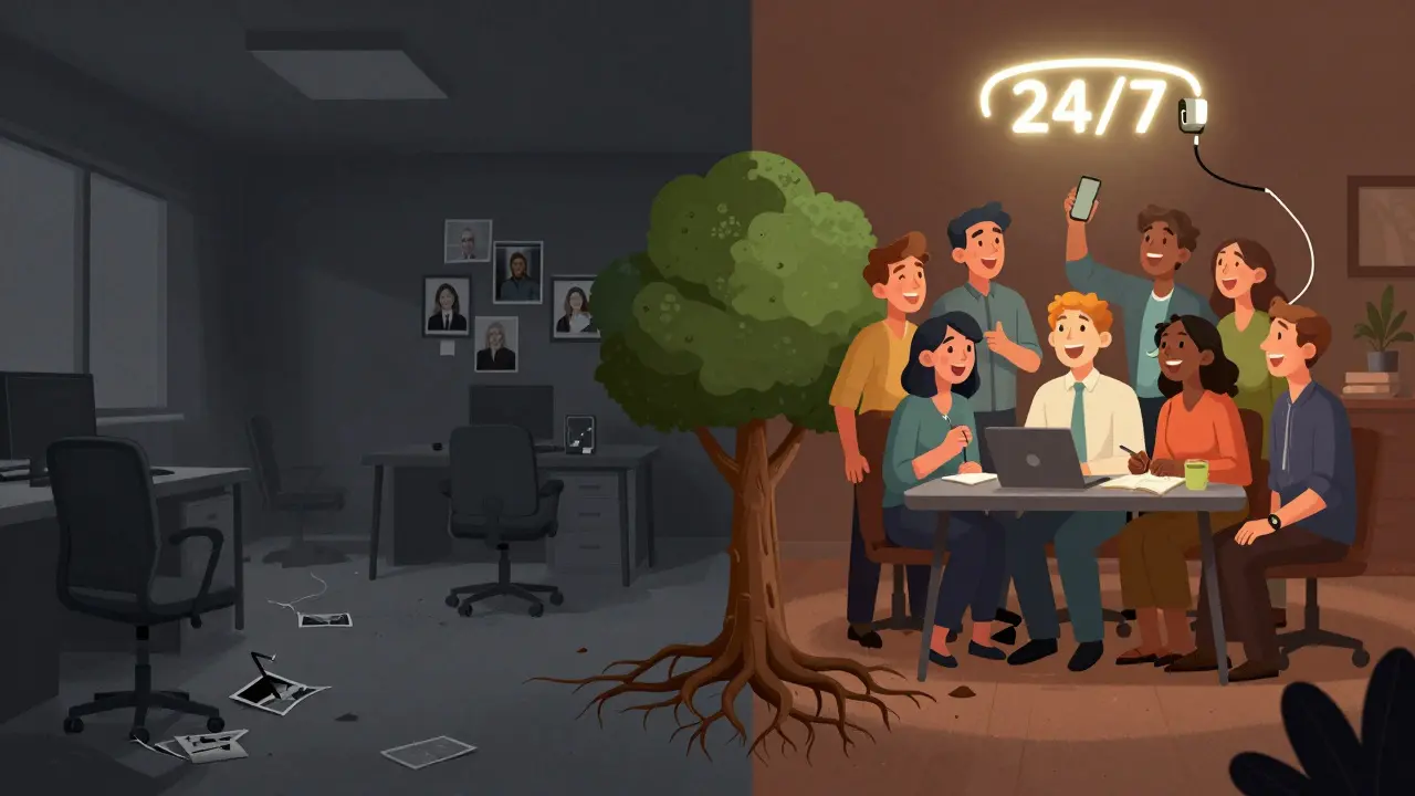 Kontrast mezi opuštěnou kanceláří a živou týmovou scénou s symbolem lidské podpory.