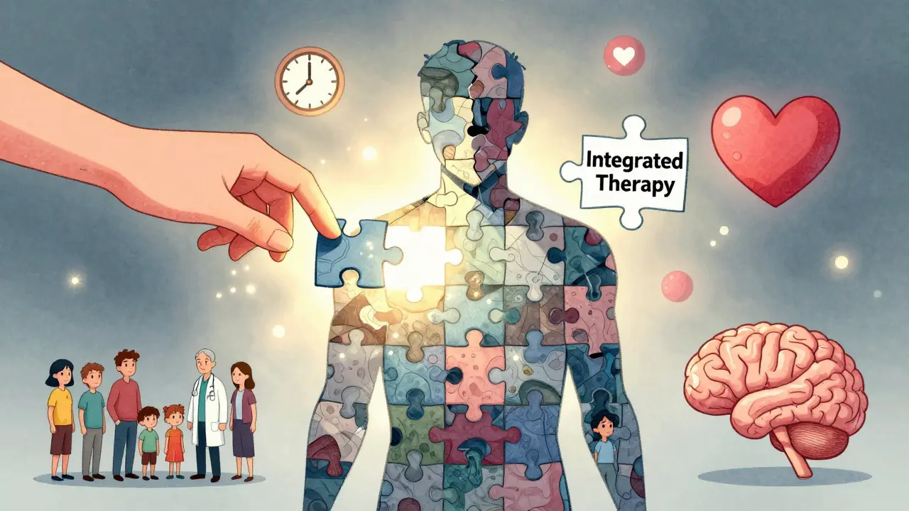 Lidský obraz plný skládačky s poruchami, chybějící kousek je integrovaná terapie, ruka ho vkládá.