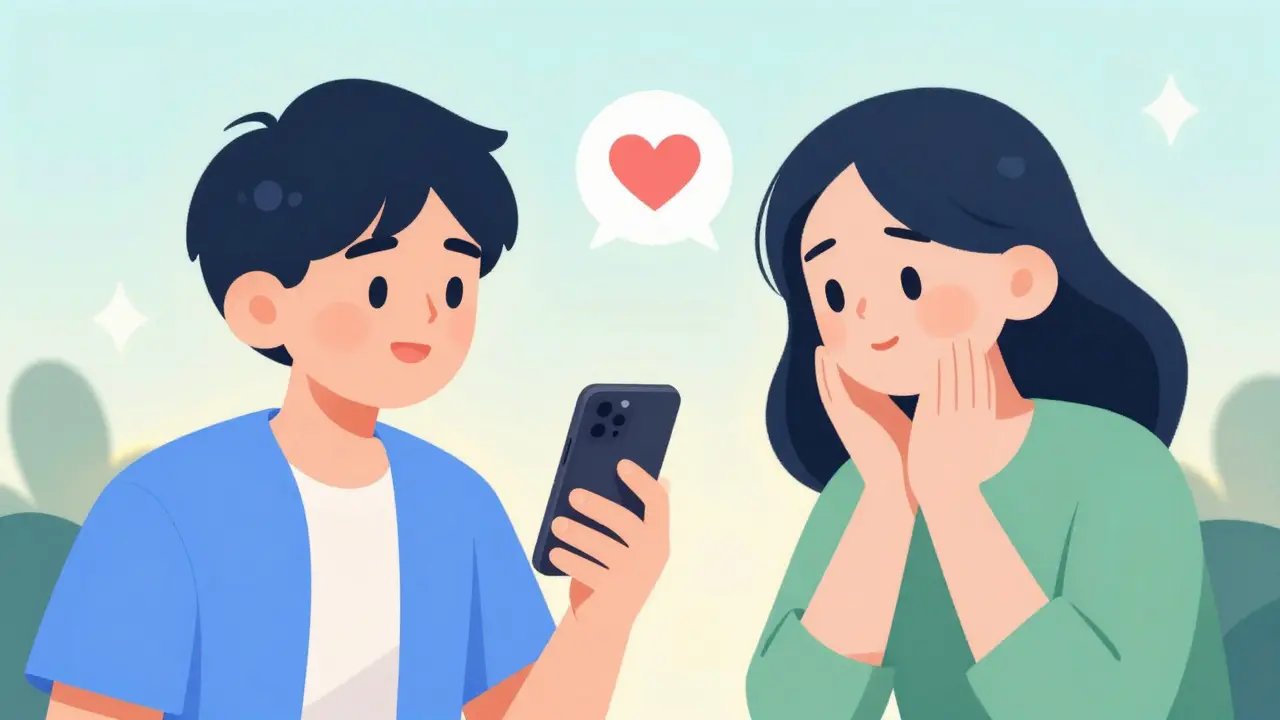 Osoba hovorí na telefon s podporující osobou a srdcovou ikonou.