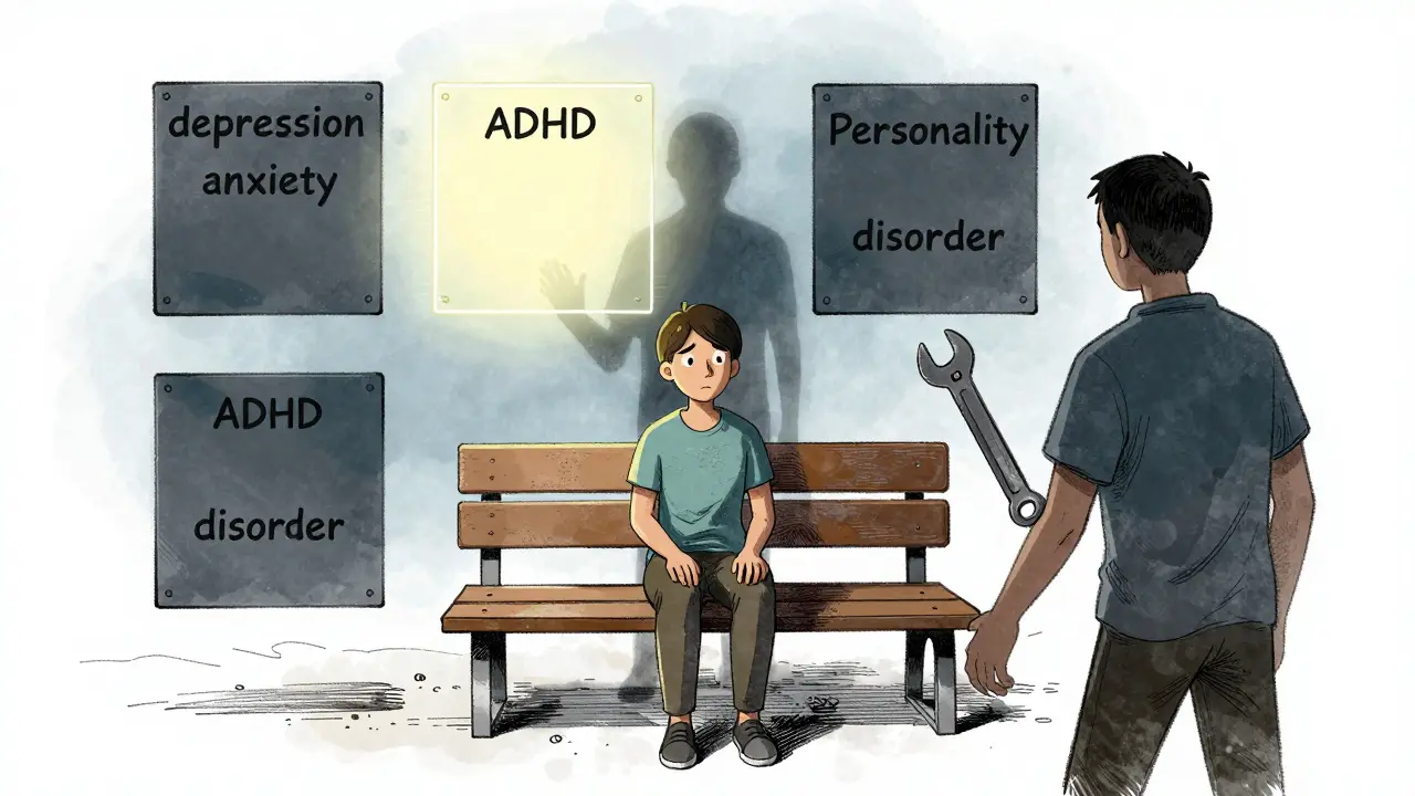 Osoba na lavičce okružená neaktivními terapeutickými paneli, zatímco nový přístup přichází z pozadí.