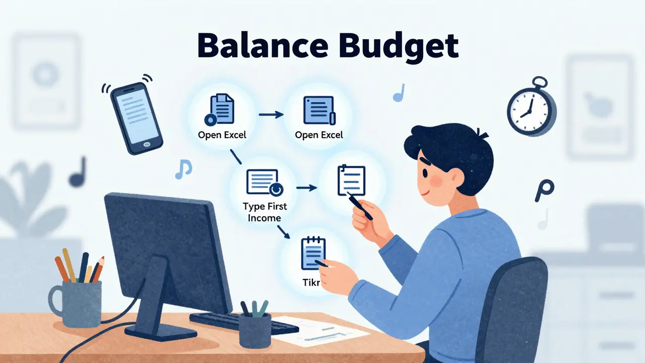 Osoba rozděluje úkol na malé kroky, kolem ní připomínky a pomůcky.