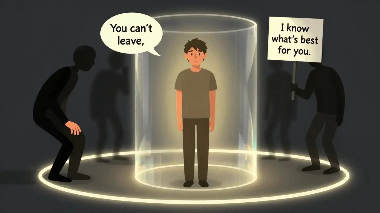 Osoba v bezpečném kruhu, zatímco vnější stíny představují porušování hranic a manipulaci.