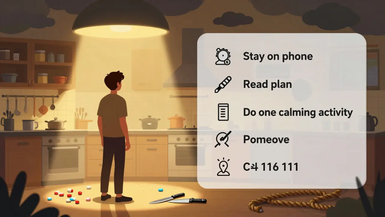 Osoba v kuchyni, bez nebezpečných předmětů, s kroky krizového plánu jako průsvitným návodem.
