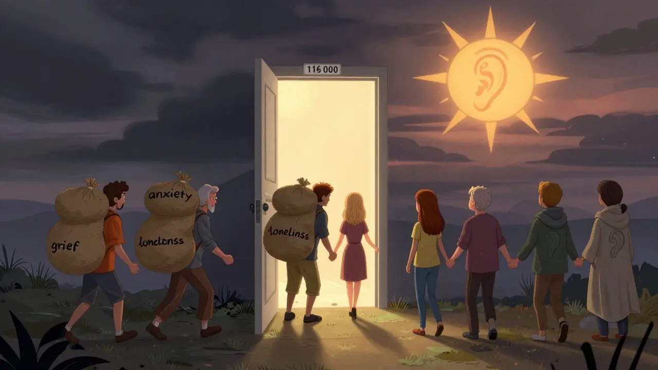 Otevřená dveře s číslem 116 000, skrz něj jdou lidé s tíží, na druhé straně jsou v klidu a v podpoře.