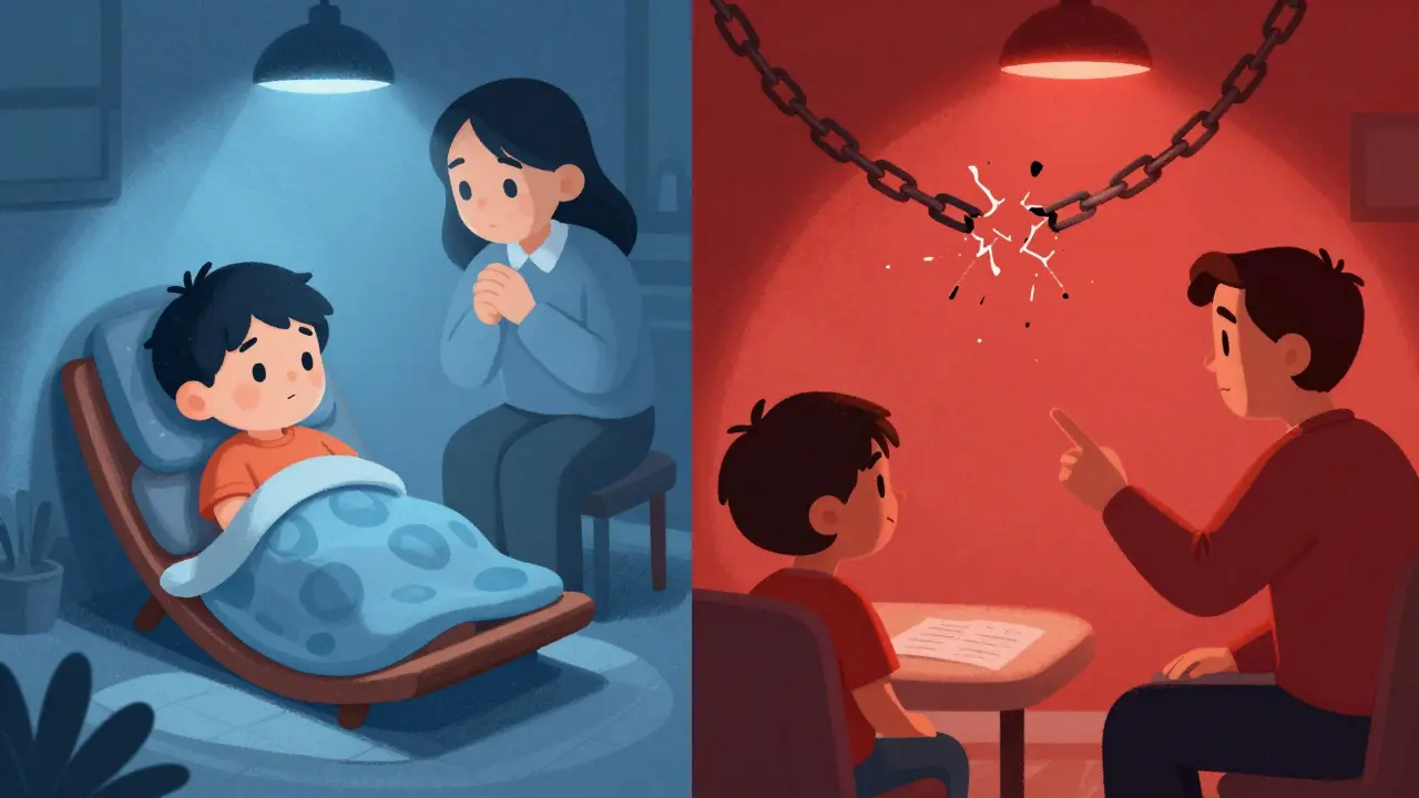 Porovnání moderního přístupu ABA (přijetí stimmingu) a starého přístupu (tlak a omezení).