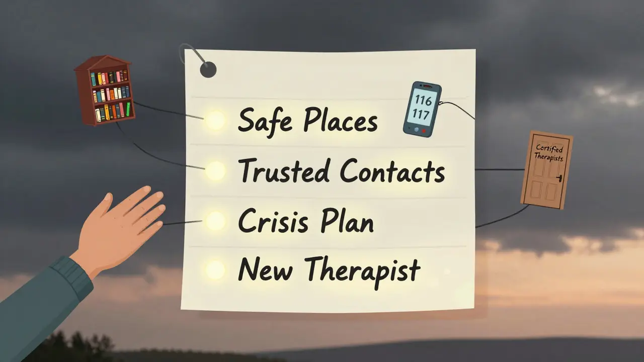 Přehled bezpečnostního plánu ve tvaru svítícího seznamu s klíčovými kroky pro přežití a pomoc.
