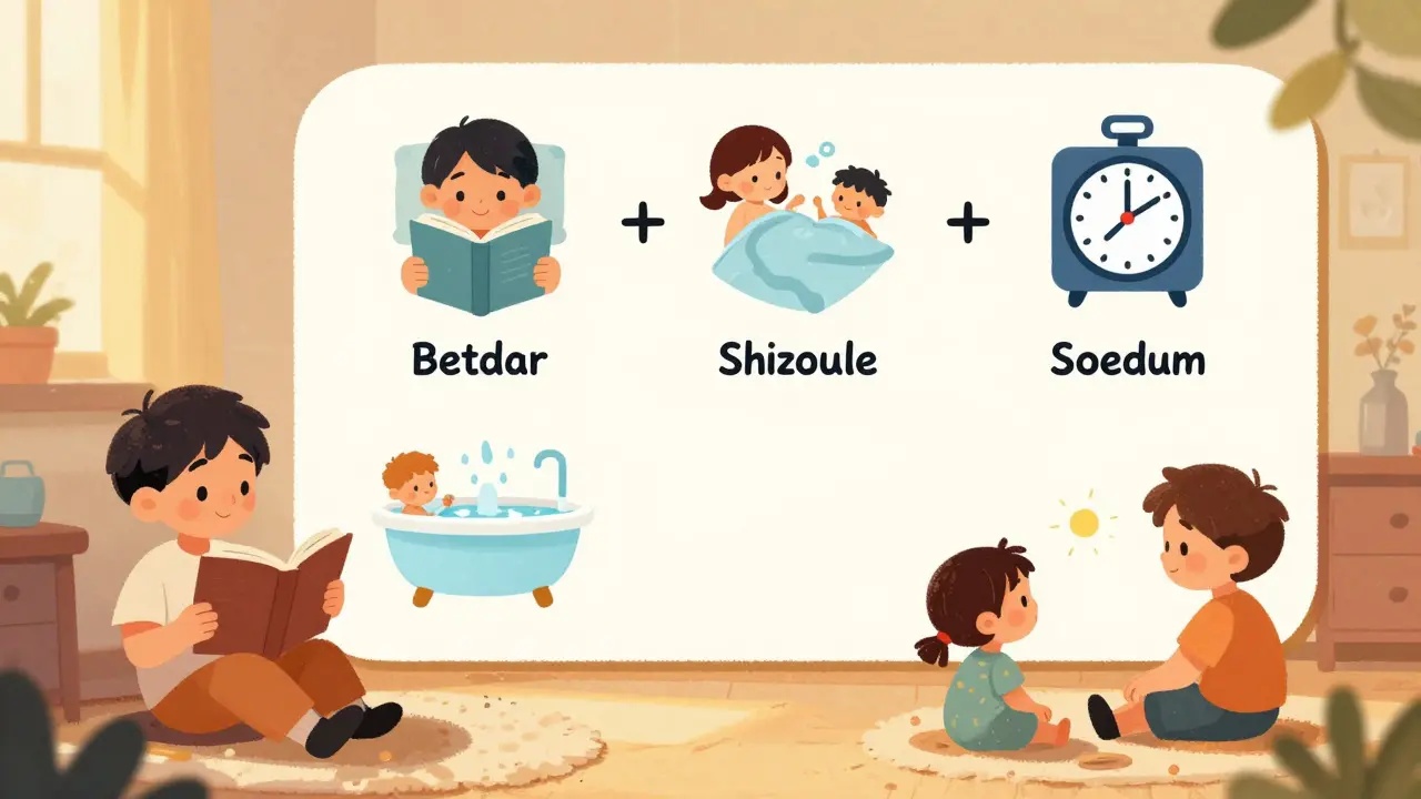 Rodina vytváří vizuální spánkový kalendář s ikonami čtení a koupel.