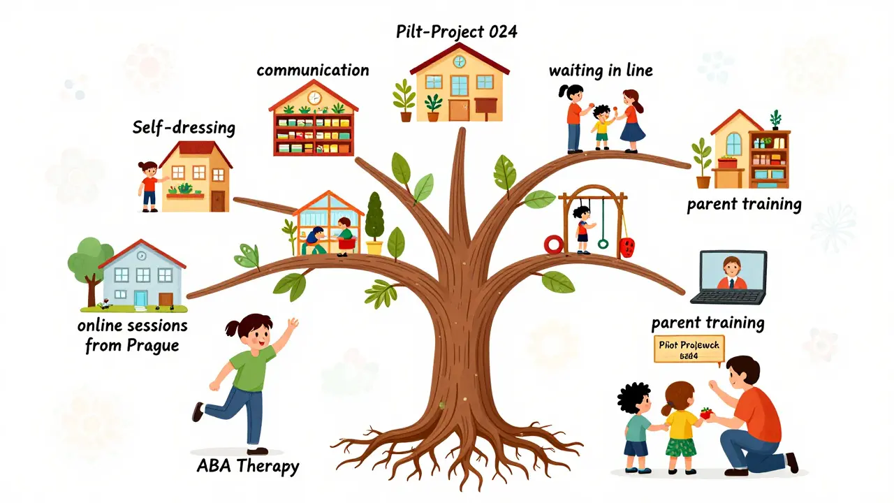 Rodinný strom ABA terapie v Česku s větvemi představujícími dovednosti a přístup k online terapii.