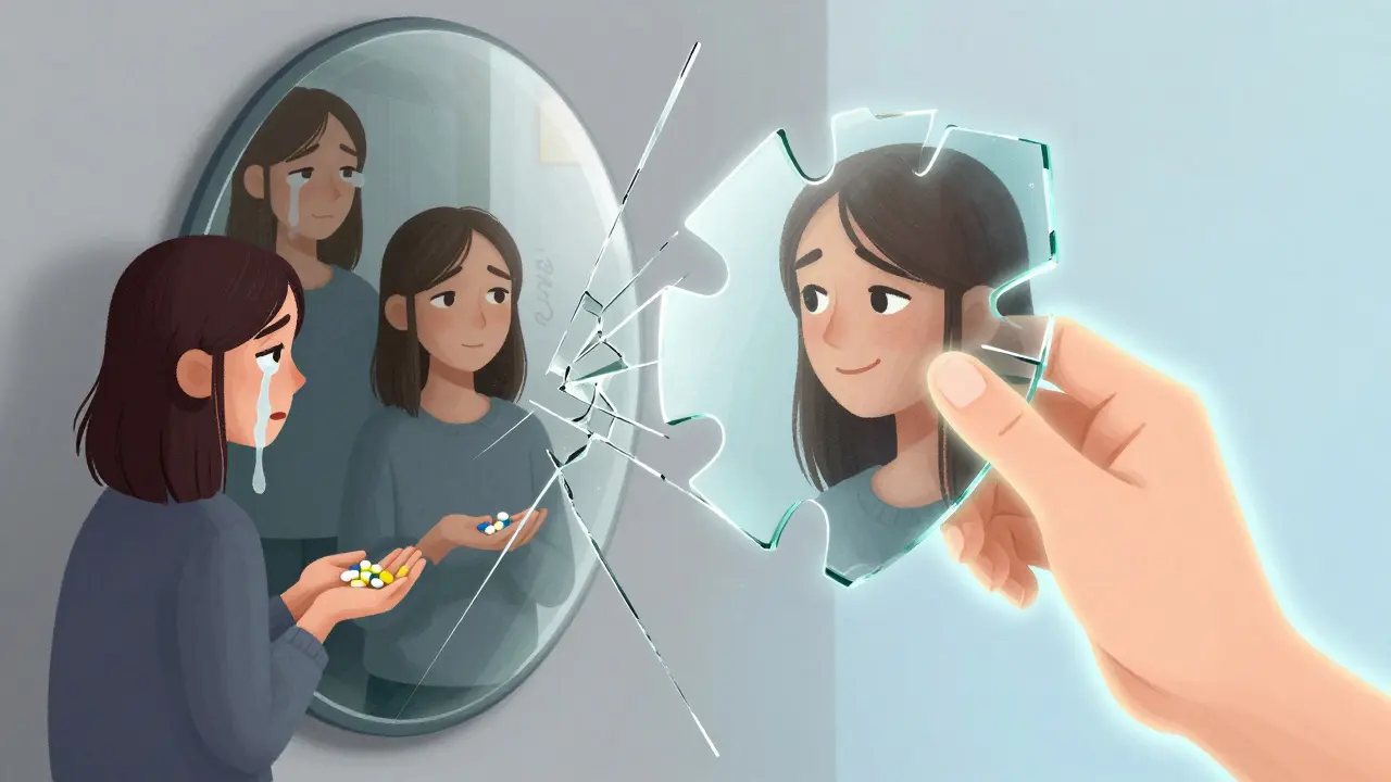 Rozbité zrcadlo se pomalu skládá zpět do jednoho obrazu s jemným úsměvem a textem 'Jsem tady'.