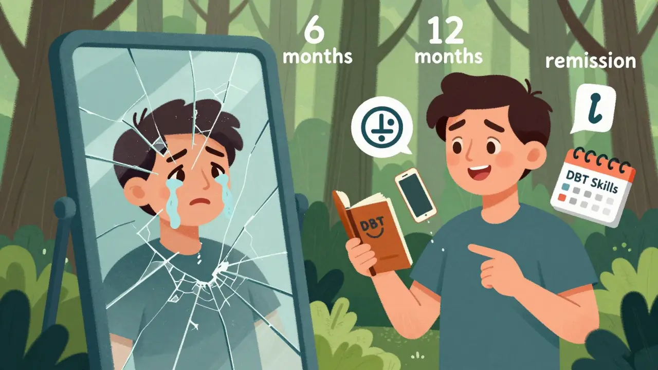 Rozdělené zrcadlo: jedna strana šílenství, druhá klid a nástroje DBT, které vedou k uzdravení.