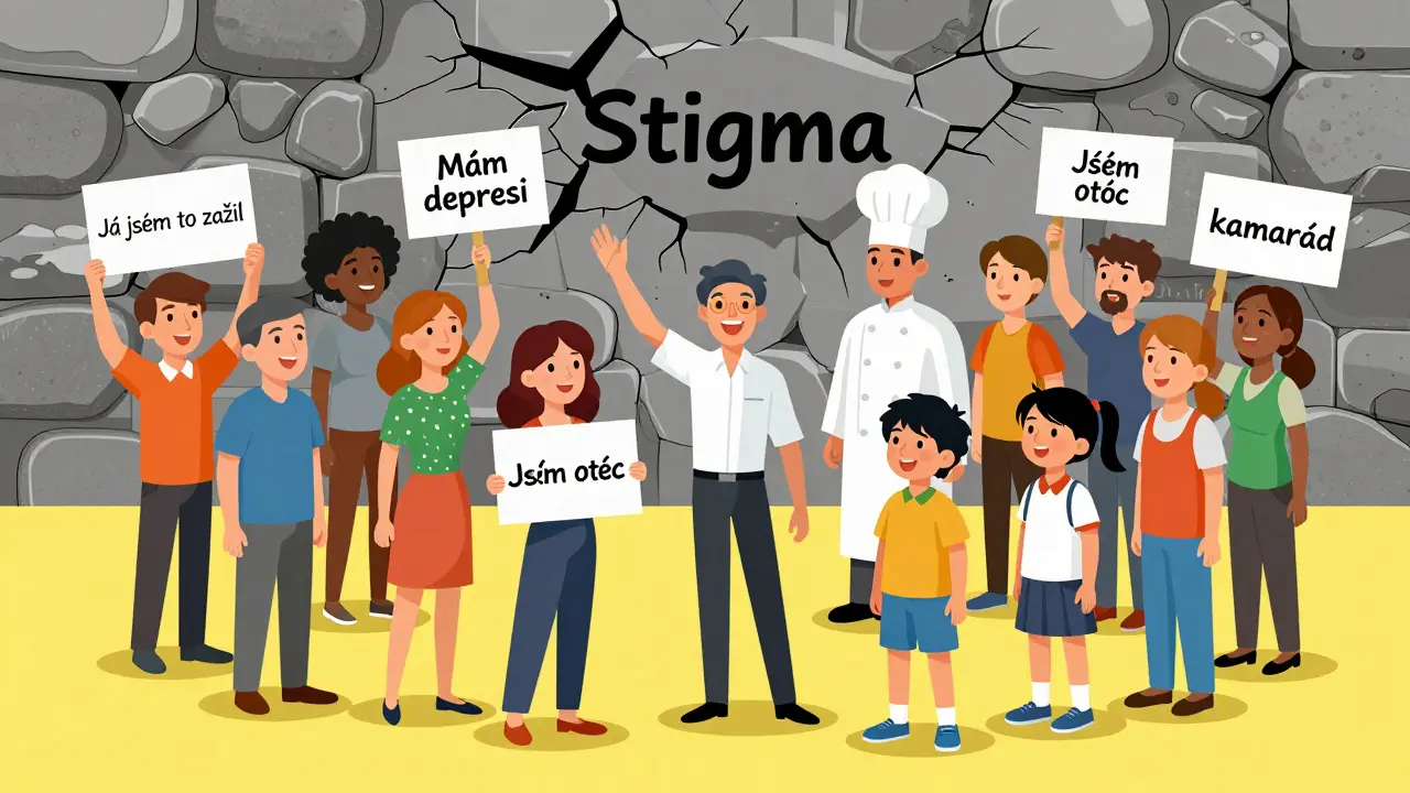 Různí lidé stojí v kruhu s větami o duševním zdraví, zatímco zeď stigma říhá.