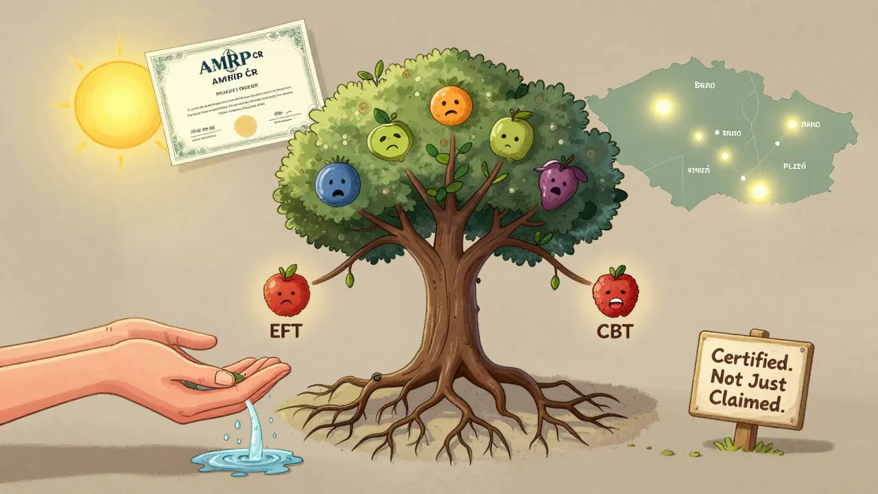 Strom s kořeny EFT, ACT a CBT, zářící certifikací AMRP ČR a mapou České republiky s osvětlenými městy.