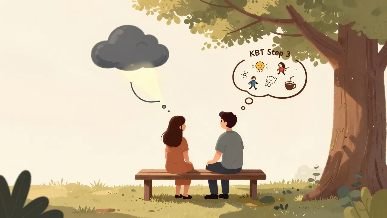 Terapeut a klient sedí pod stromem, zlomené myšlenky se mění na malé radostné scény.