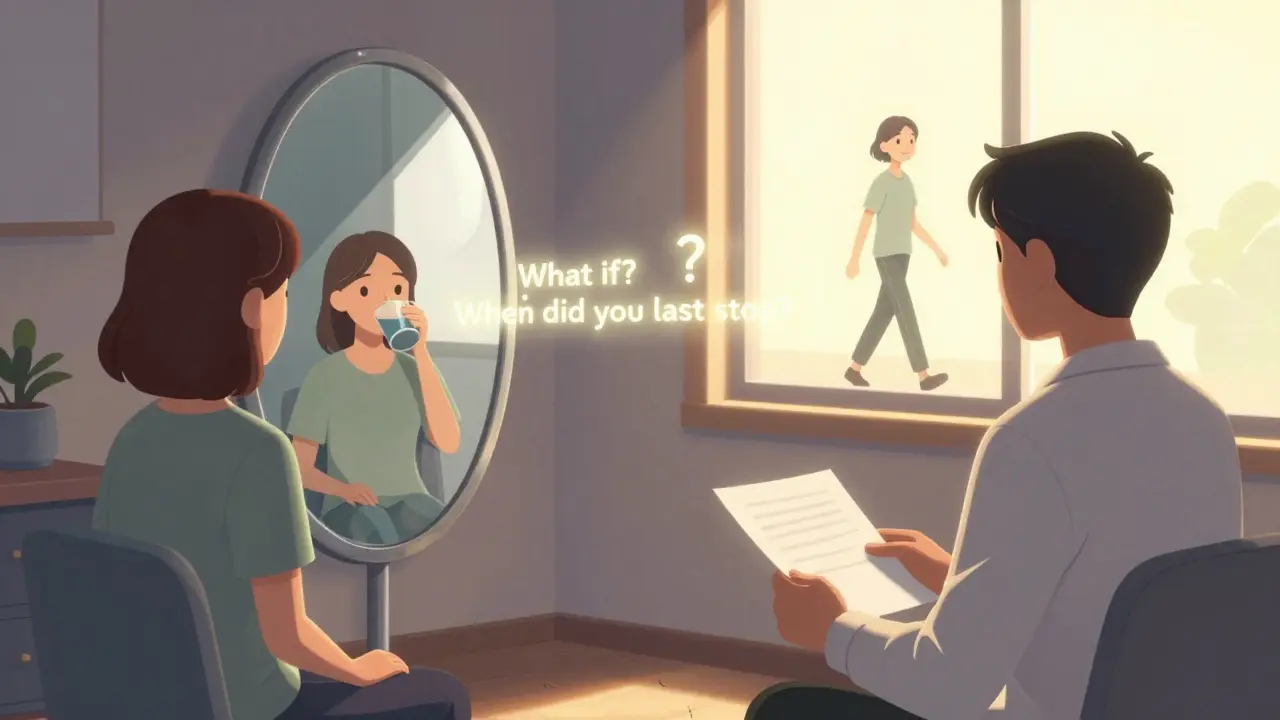 Terapeut a klient v místnosti s odrážejícím zrcadlem, které ukazuje cestu od izolace k naději.