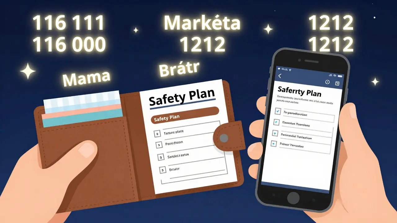 Tisknutý bezpečnostní plán v peněžence a digitální verze na telefonu s kontakty a linkami pomoci.