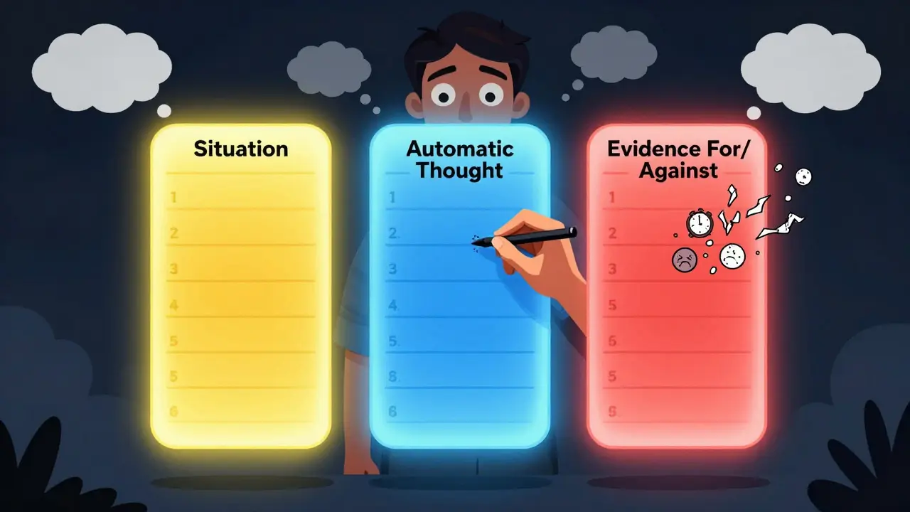 Tři sloupce myšlenek s důkazy pro a proti, symbolizující vnitřní objevování pravdy o závislosti.