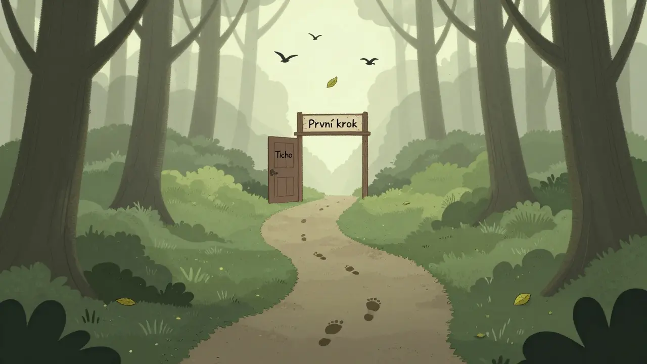 Cesta v lesu od zavřené dveře 'Ticho' k otevřené bráně 'První krok', symbolizující začátek terapie.