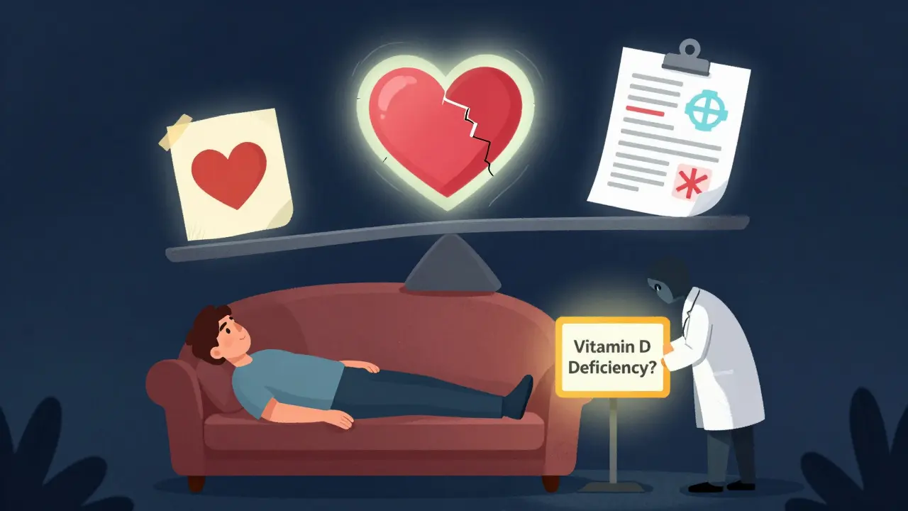 Člověk na křesle ignoruje varování o fyzické nemoci, zatímco váha srdce a lékařského listu klesá.