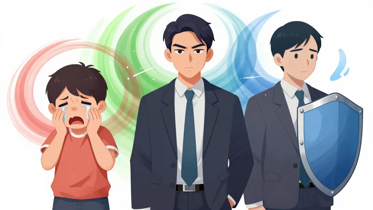 Člověk s třemi překrývajícími se emocionálními režimy: pláčící dítě, přísný rodič a odtržený obránce.