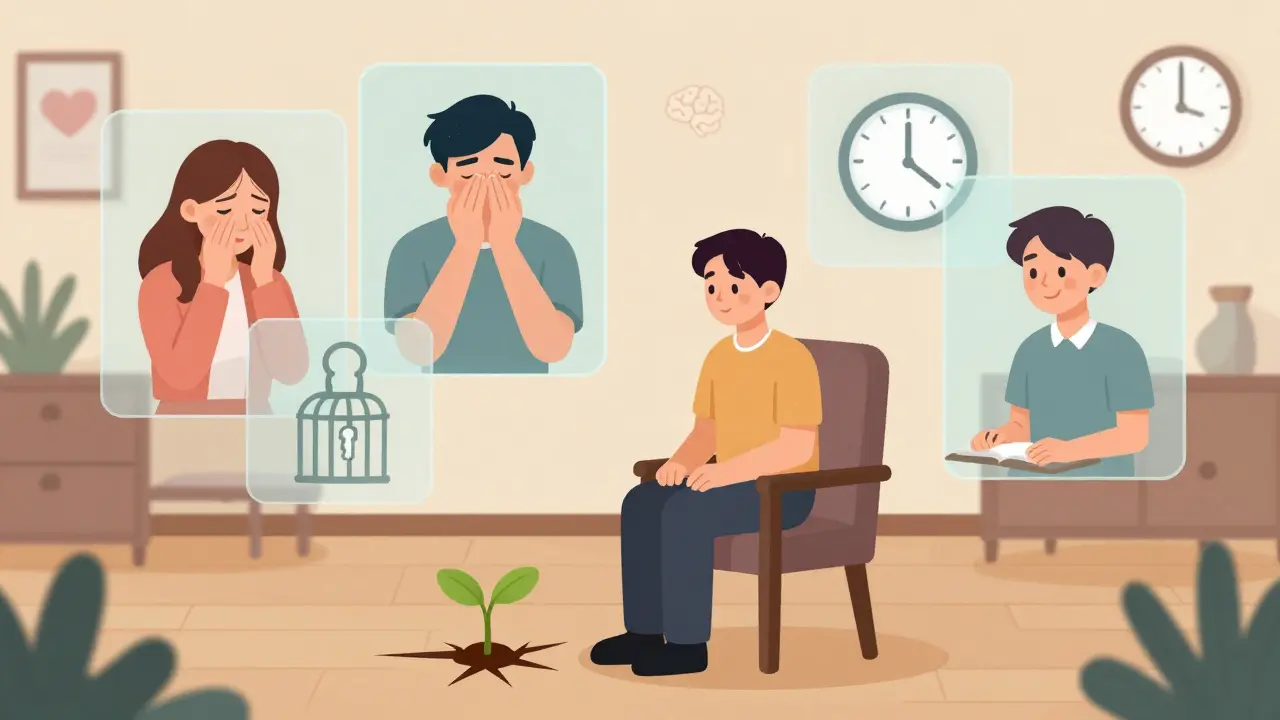 Člověk v terapii, kolem něj průhledné scény z reálných zkušeností, růst rostliny z trhliny v podlaze jako symbol přeměny.