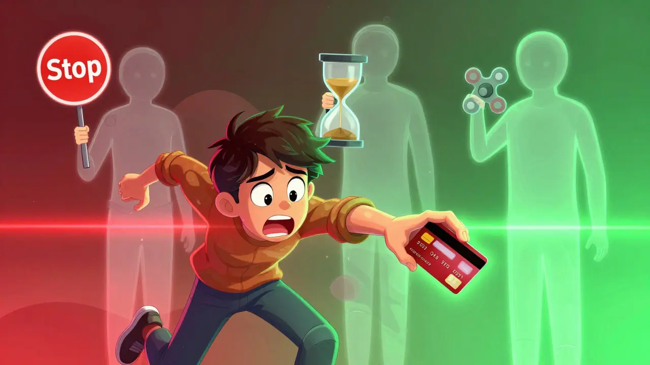 Člověk zastaven v okamžiku impulsu, s třemi nástroji sebekontroly jako průvodci: zástavka, přesýpací hodiny a fidget hračka.