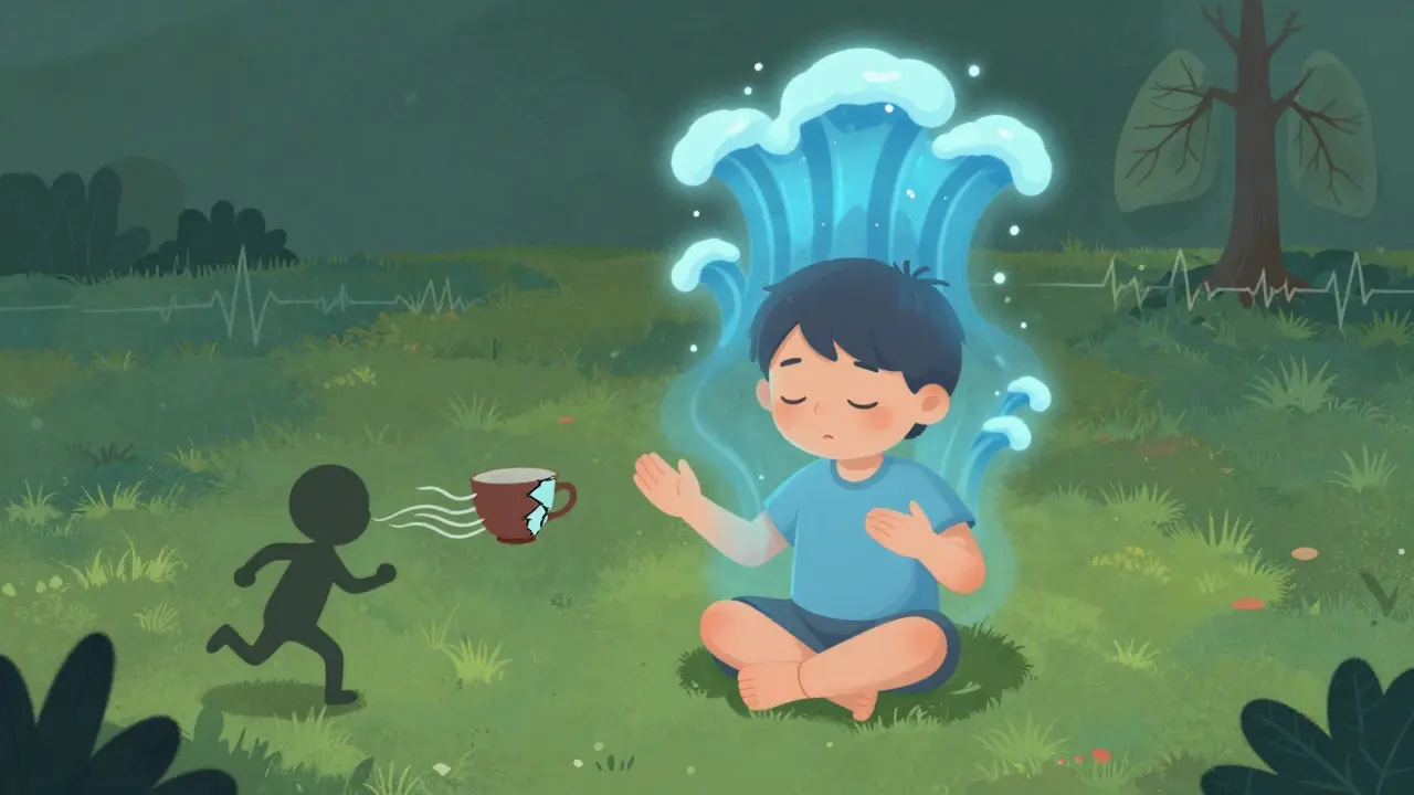 Dítě uvolňuje trauma prostřednictvím pohybu, kolem něj plavou symbolické obrazy minulosti, z těla vystupuje klidná vlna energie.