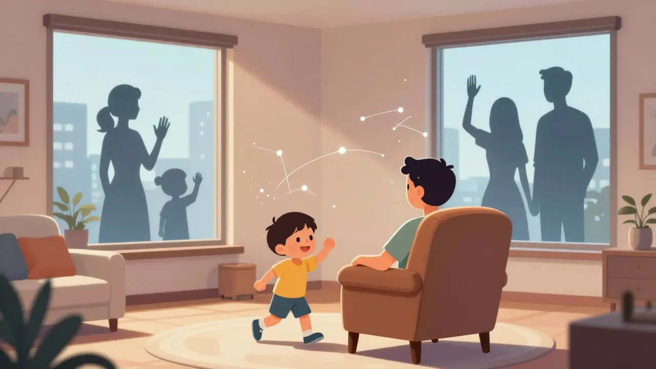 Dítě v bezpečném domově s vizualizací podpory rodičů z dálky.